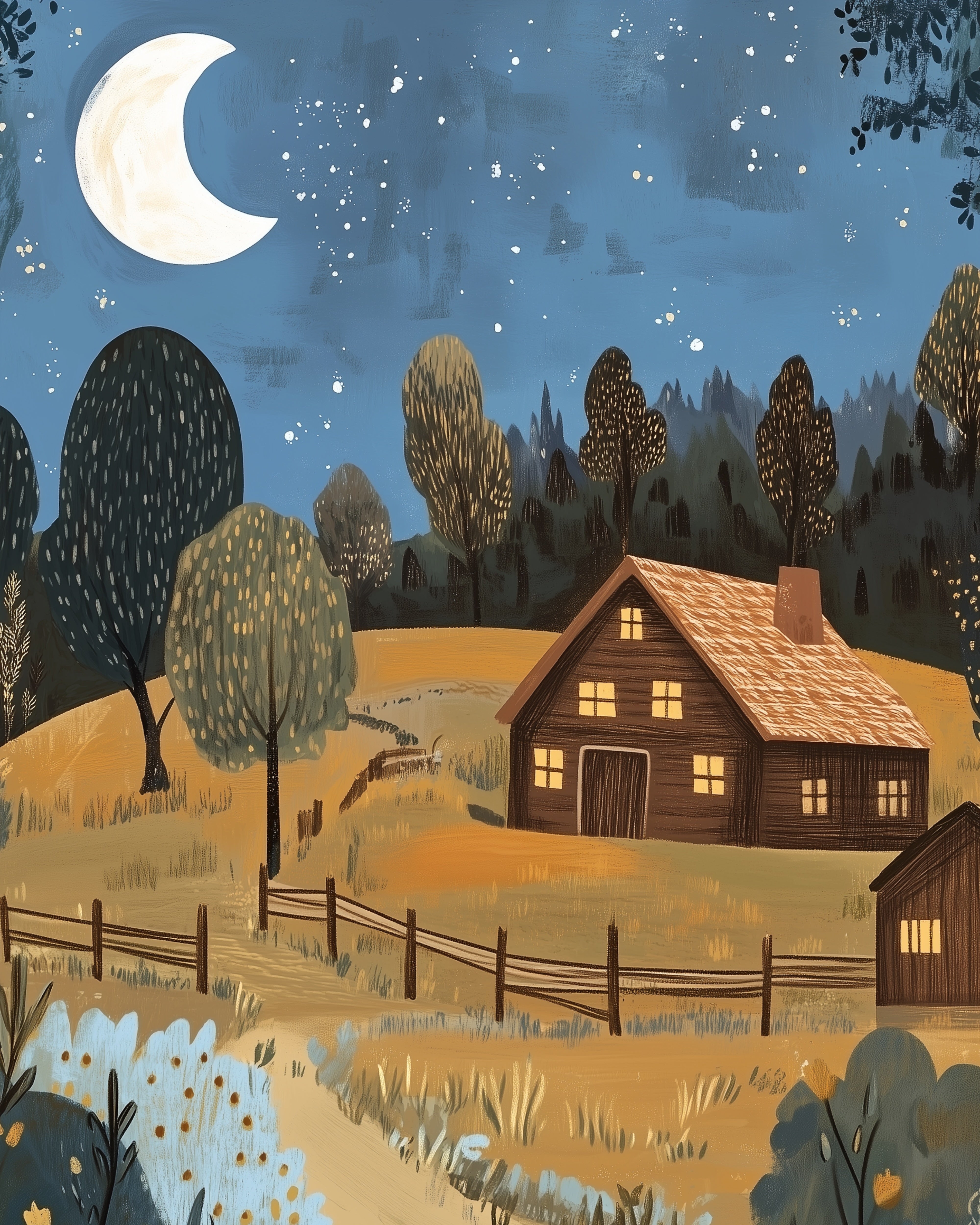 Moonlit Barn Wall Art for Nursery, Playroom or Kids Bedrooms - Starry Night Farmhouse Scene with Cozy Glow - Still Acres