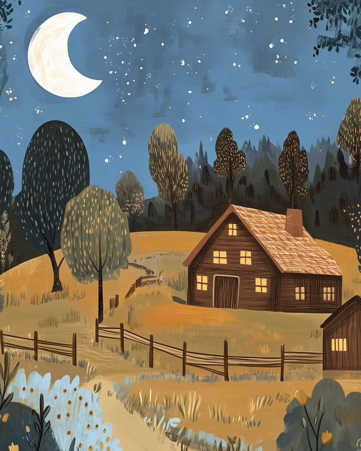 Cozy nighttime illustration of a wooden farmhouse with glowing windows nestled among trees and fields, beneath a starlit sky and crescent moon.