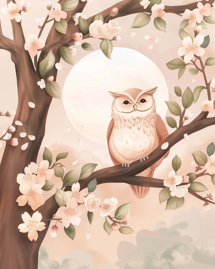A serene illustration of a soft brown owl perched on a blooming tree branch, surrounded by pale pink cherry blossoms and green leaves. A glowing full moon lights the pastel sky, adding a peaceful, dreamlike quality to the springtime forest scene.