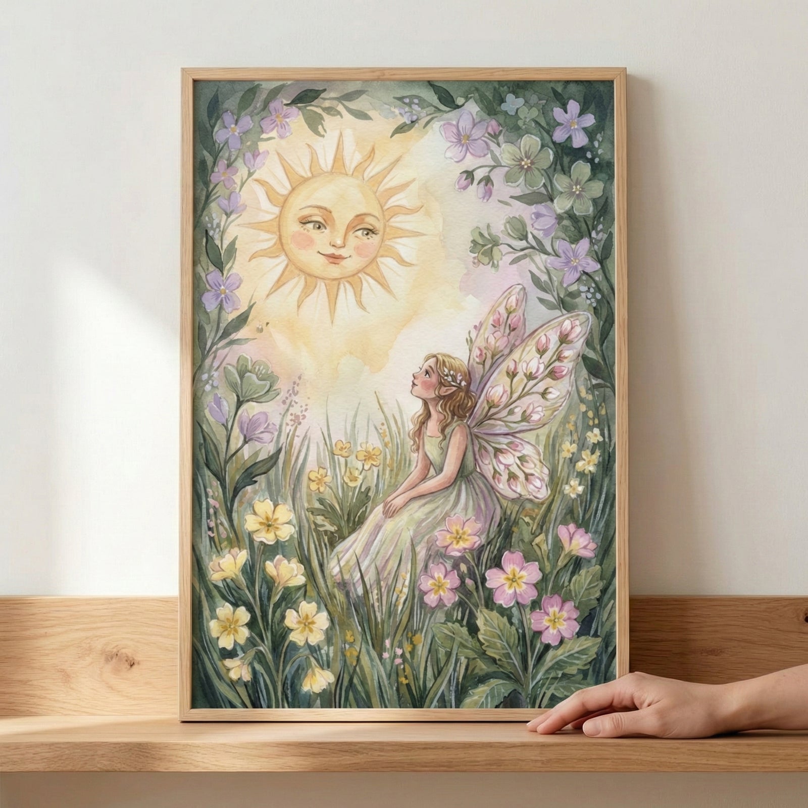 A framed, soft watercolor-style illustration of a fairy with flower-patterned wings sitting among blooming wildflowers and tall grass, gazing up at a gentle, smiling sun, rendered in pastel greens, yellows, and lavender tones with a delicate, storybook feel.