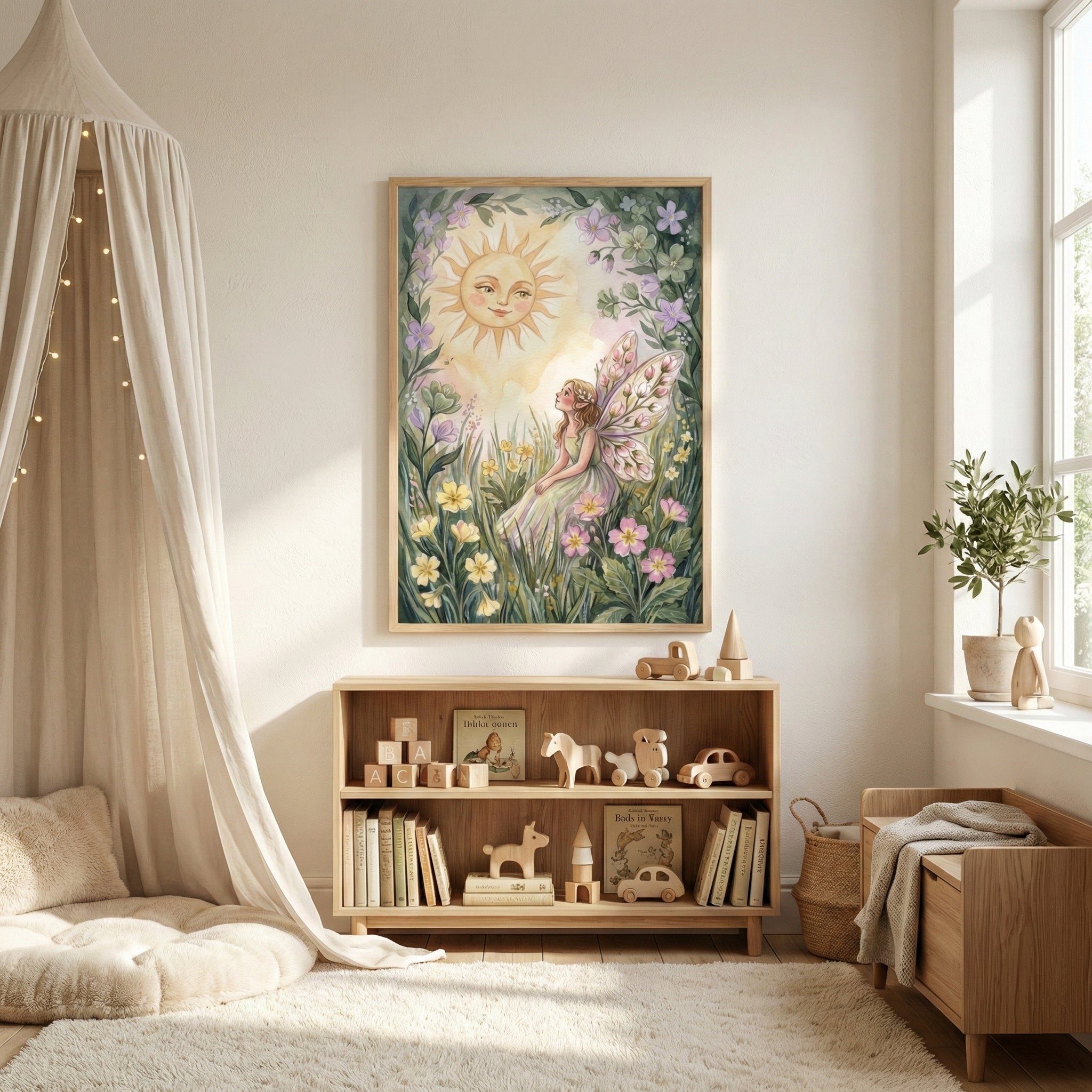 A bright, cozy nursery with soft natural light, featuring a framed pastel fairy illustration on the wall that shows a winged fairy among flowers gazing up at a smiling sun, paired with wooden shelves, neutral toys, a fabric canopy, and warm, minimalist decor.