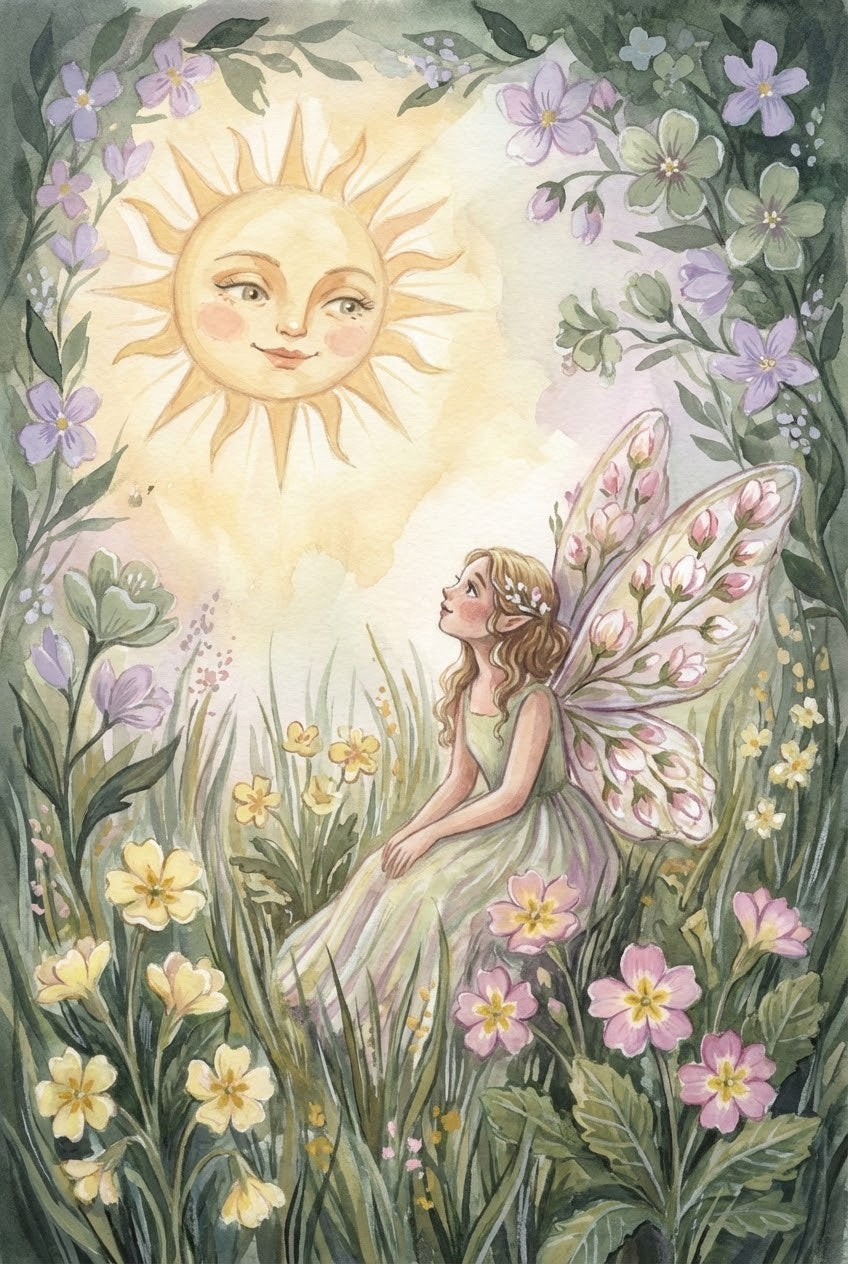 Whimsical watercolor illustration of a fairy with floral wings and flowing blonde hair, sitting in a sunlit meadow surrounded by blooming wildflowers. She gazes up with admiration at a smiling sun with a gentle, human-like face shining warmly from above. Delicate greens, yellows, and purples create a soft, enchanting woodland atmosphere.
