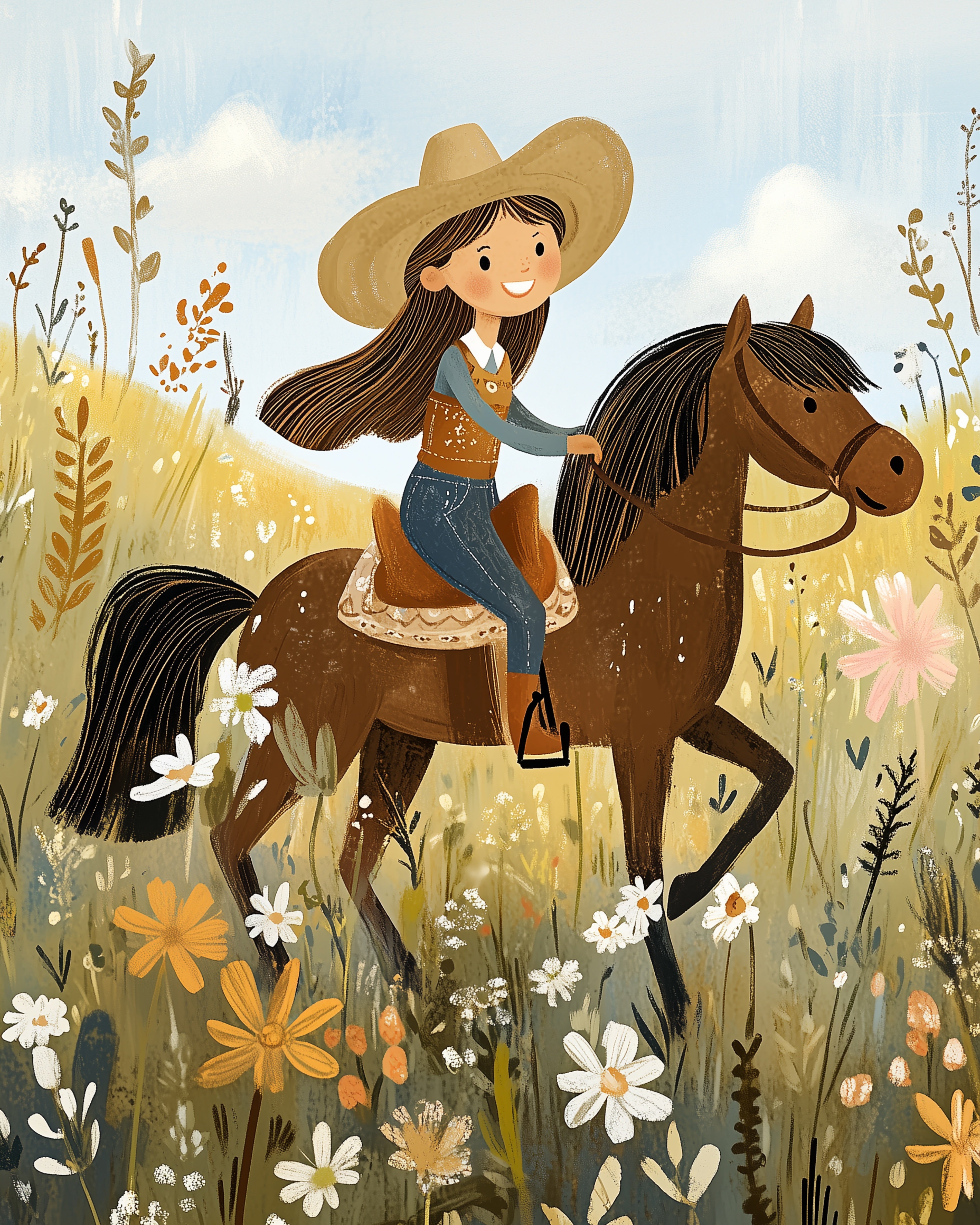 Cowgirl Bloom Ride Wall Art for Nursery, Playroom or Kids Bedrooms - Western Horseback Scene with Wildflowers - Sunny Canter