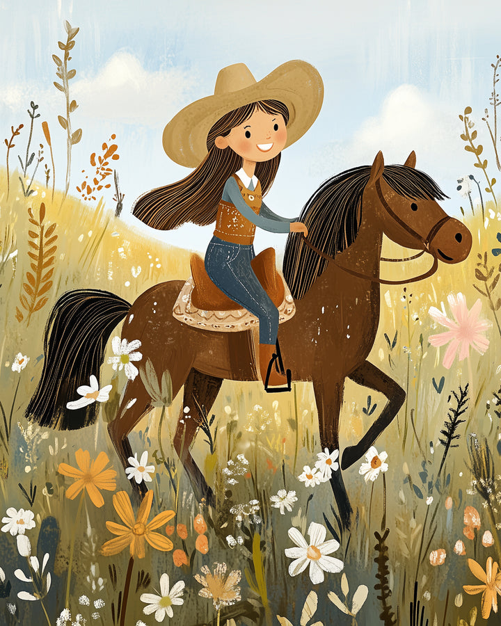 Cheerful image of a cowgirl with long hair, jeans, and a tan hat riding a brown horse through a sunny field of wildflowers.
