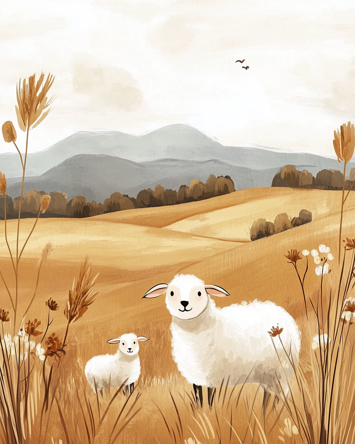Two fluffy white sheep stand in a golden field of tall grass and wildflowers, surrounded by gently rolling hills and soft, muted mountains in the background. The warm, earthy tones and distant birds in the sky create a peaceful countryside scene.