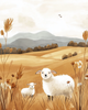 Meadow Sheep Wall Art for Nursery, Playroom or Kids Bedrooms - Fluffy Lambs in Golden Meadow with Rolling Hills - Sunny Grazers