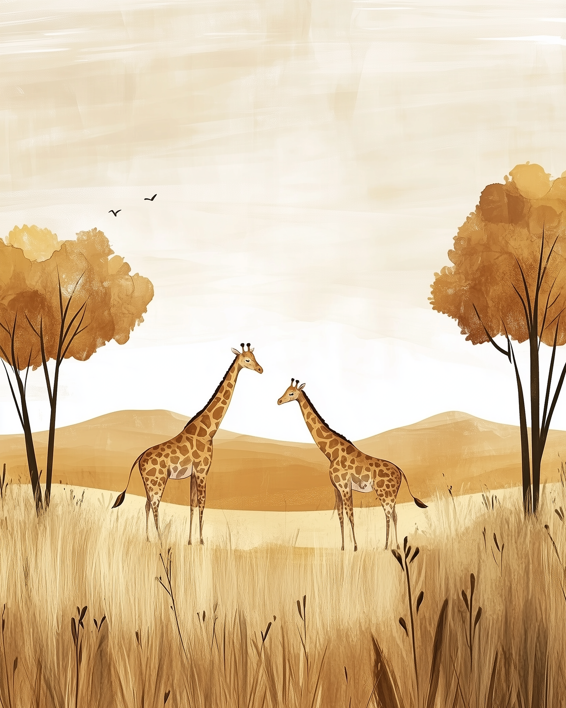 Two giraffes stand face to face in a softly painted savanna with tall dry grass, sparse trees, and distant rolling hills beneath a warm-toned sky.
