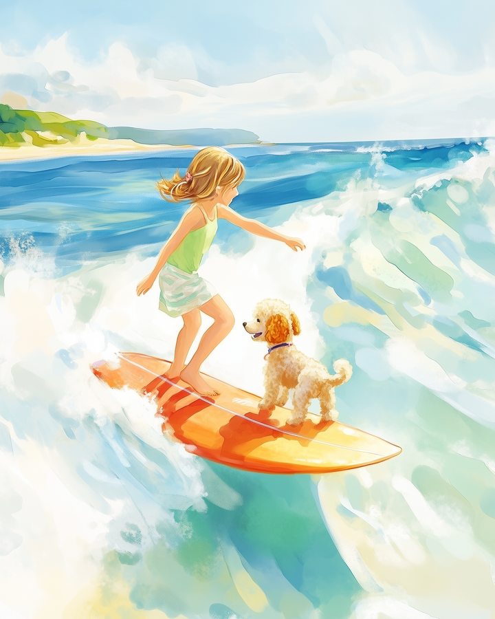 A young girl in a green top and white skirt rides a wave on an orange surfboard alongside a fluffy white dog. The sunlit ocean sparkles with turquoise waves as the two share a joyful moment of surfing near a distant shoreline.
