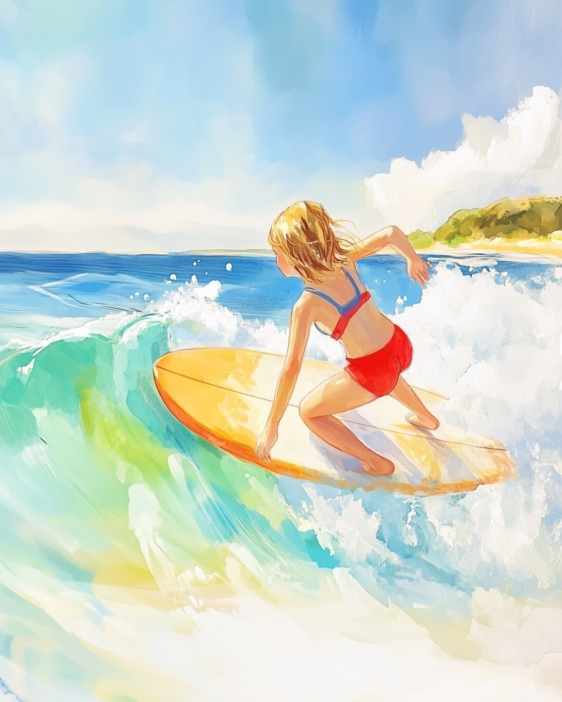 Surfing Wall Art for Nursery, Playroom or Kids Bedrooms - Girl Catching Wave in Red Swimsuit - Sunshine Surfs