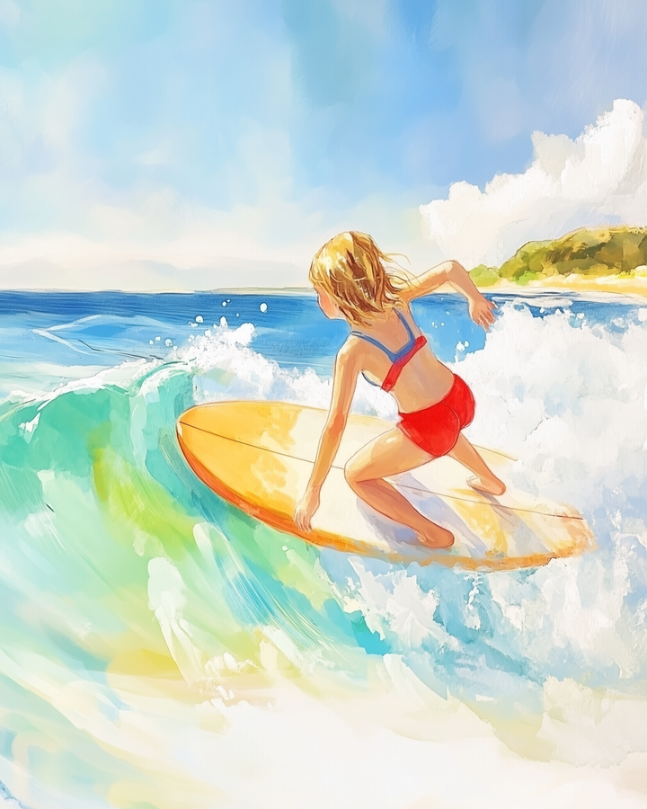 A young girl in a red swimsuit skillfully rides a wave on a yellow surfboard, crouched in perfect balance. The ocean sparkles in shades of turquoise under a bright blue sky, with a sunlit beach and green hills in the background.