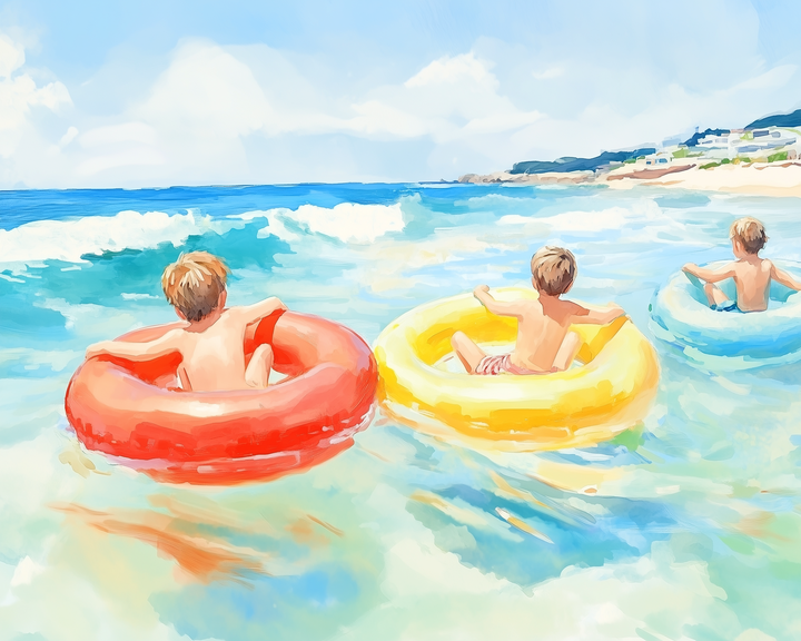 Three young boys float in the shallow ocean waves on colorful inflatable rings—red, yellow, and blue—under a bright summer sky. The clear turquoise water sparkles around them, with a sandy beach and seaside houses in the distance.