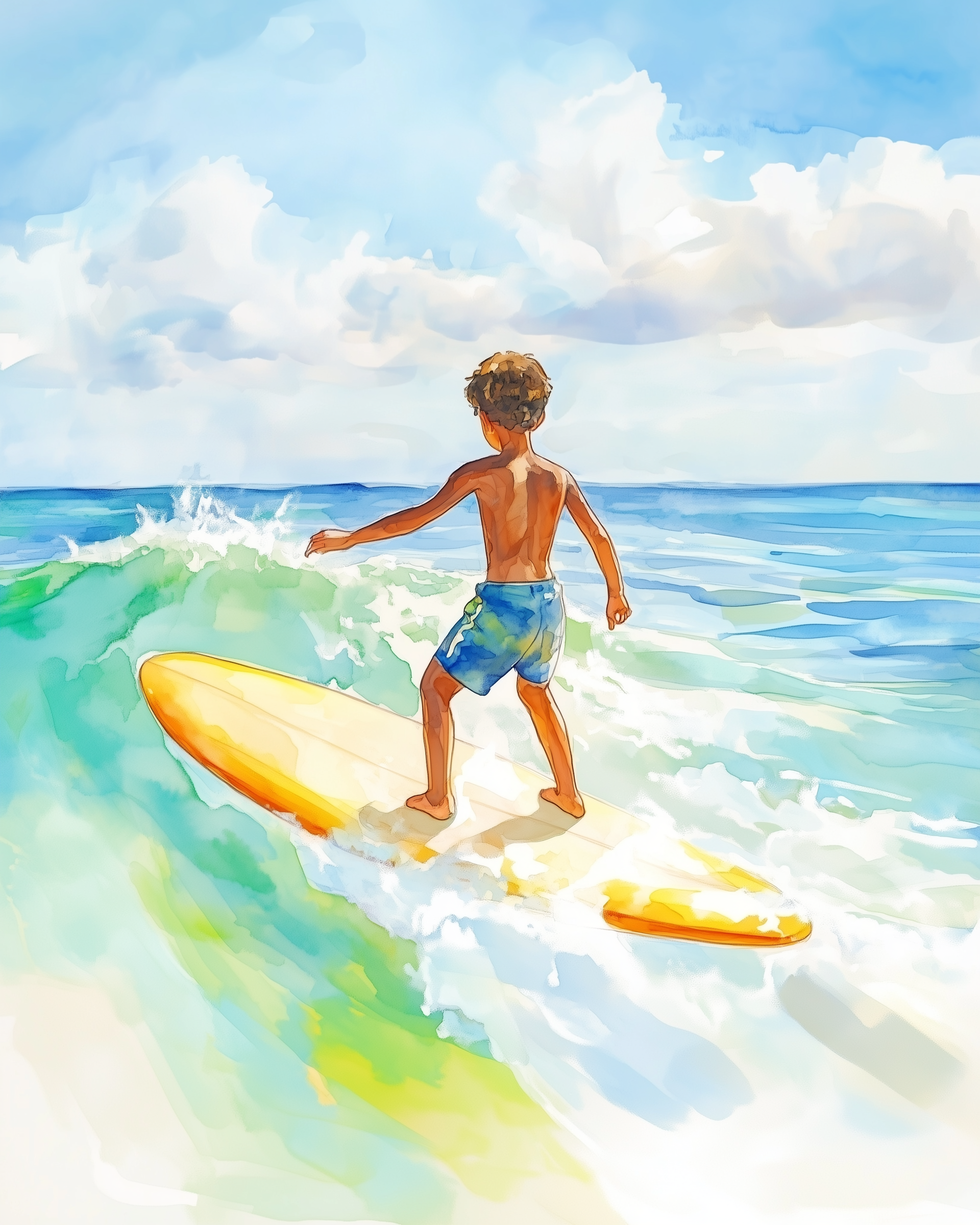Surfing Wall Art for Nursery, Playroom or Kids Bedrooms - Boy Riding Ocean Wave on Yellow Board - Surf Dreamer
