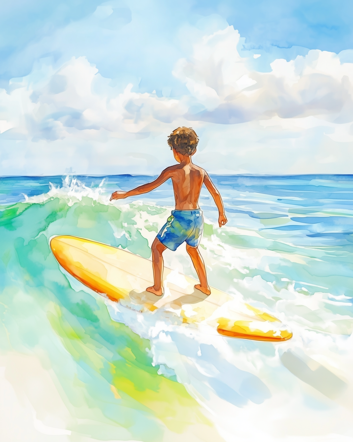 A young boy with curly hair and tropical swim trunks rides a yellow surfboard on a gentle turquoise wave. The sunny sky and crystal-clear water create a vibrant, carefree beach scene full of energy and summer fun.
