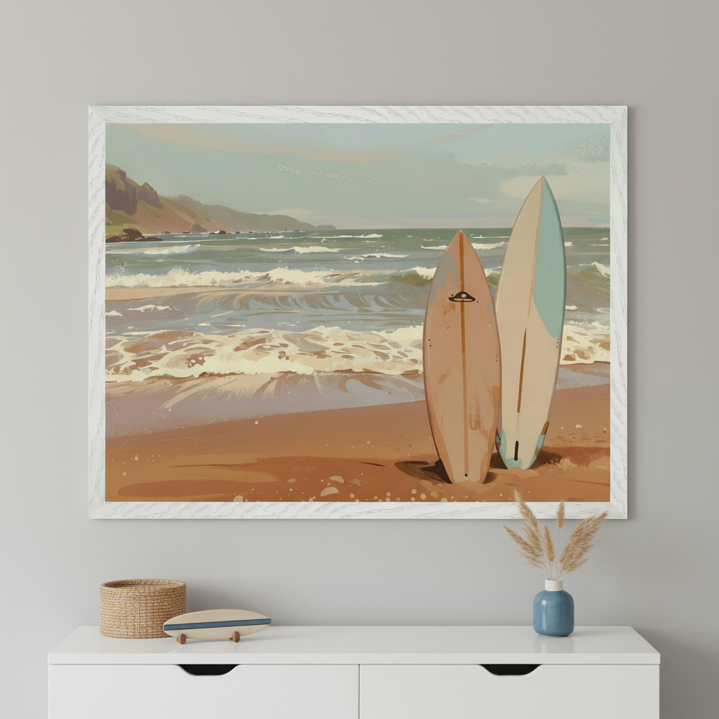 Modern room with a white dresser. A large white-framed painted beach scene with two surfboards stands centered above the dresser. A woven basket, a small surfboard decoration, and pampas grass in a blue vase are on the dresser.