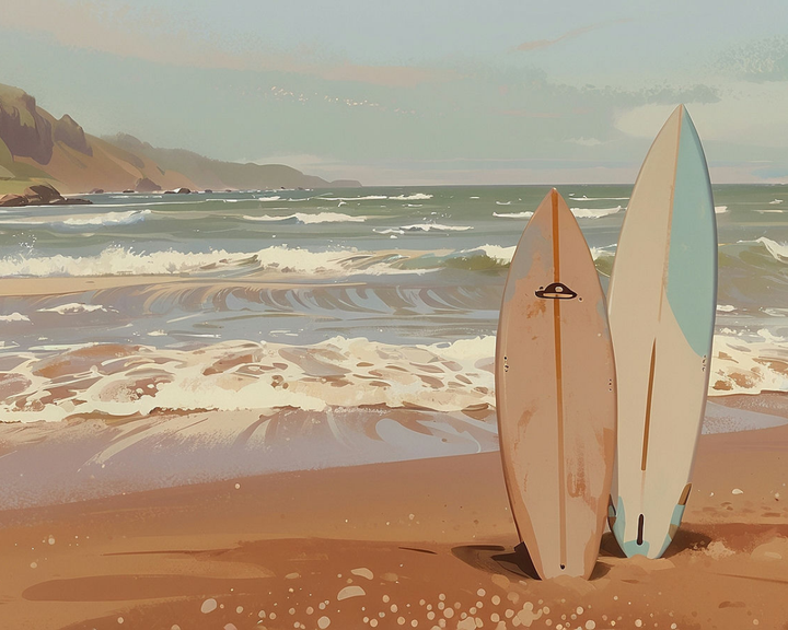 Two surfboards stand upright in the sand on a picturesque beach, with gentle waves rolling in the background and rugged cliffs visible in the distance under a clear sky.