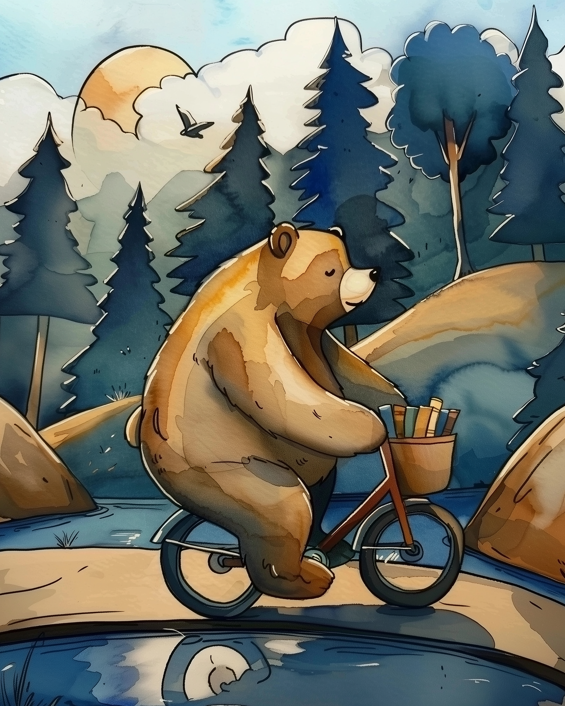Woodland Bear Wall Art for Nursery, Playroom or Kids Bedrooms - Bicycle Adventure in Nature Decor - Tail Trek