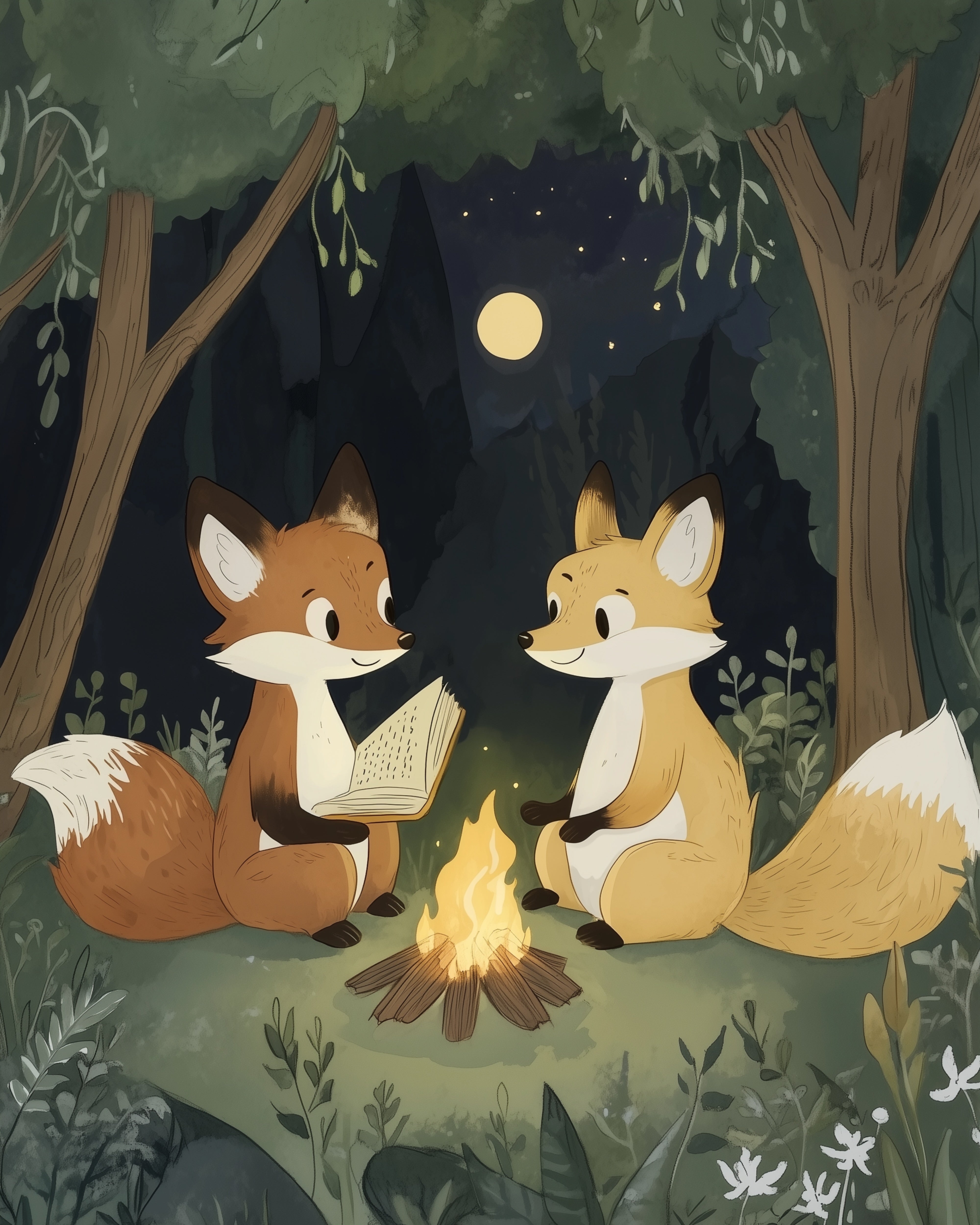  Two foxes sitting around a glowing campfire in a nighttime forest, with one fox reading a book aloud as the full moon and stars shine above.
