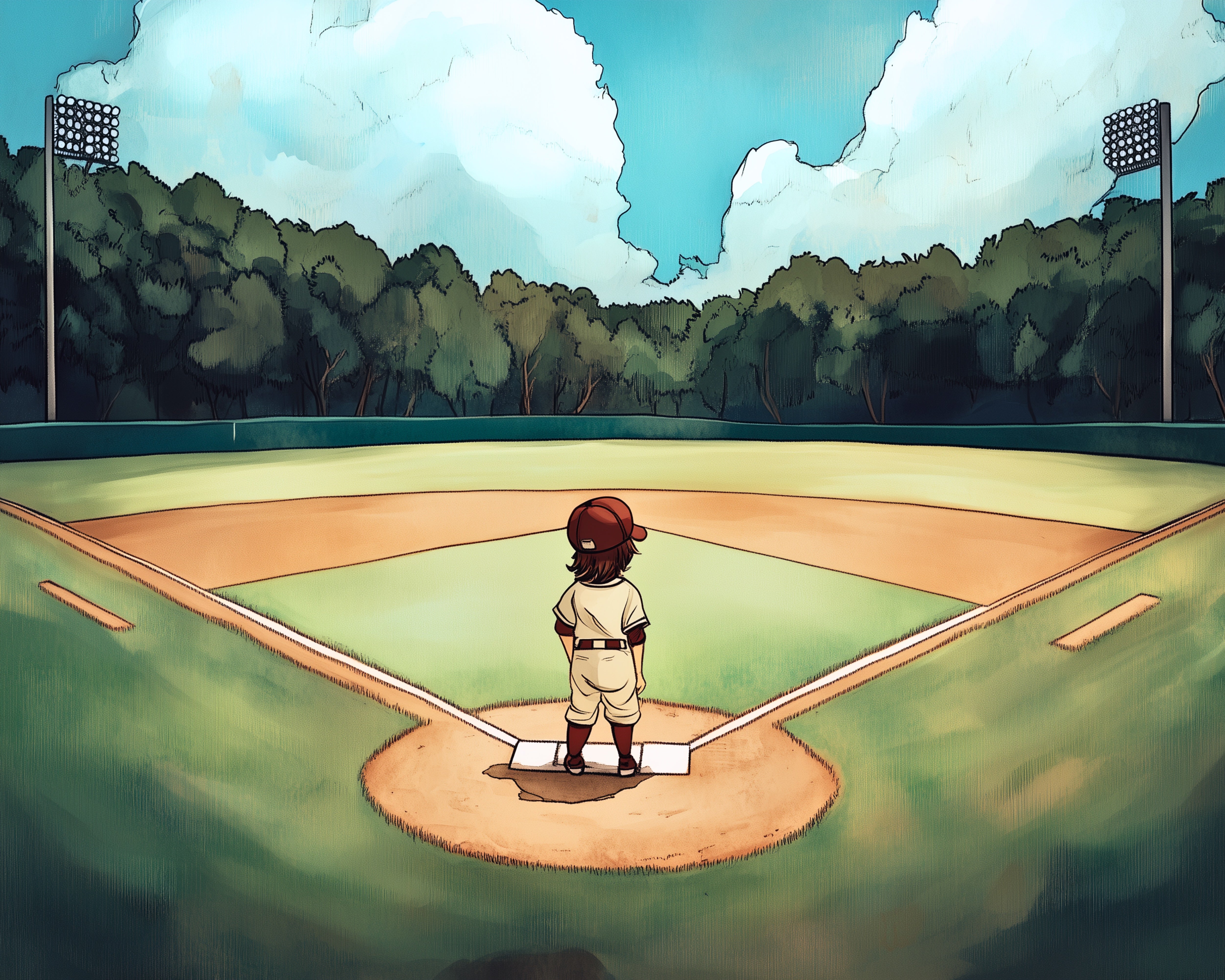 A young player stands alone at home plate, facing a quiet baseball field surrounded by trees and light poles, under a blue sky with towering clouds.
