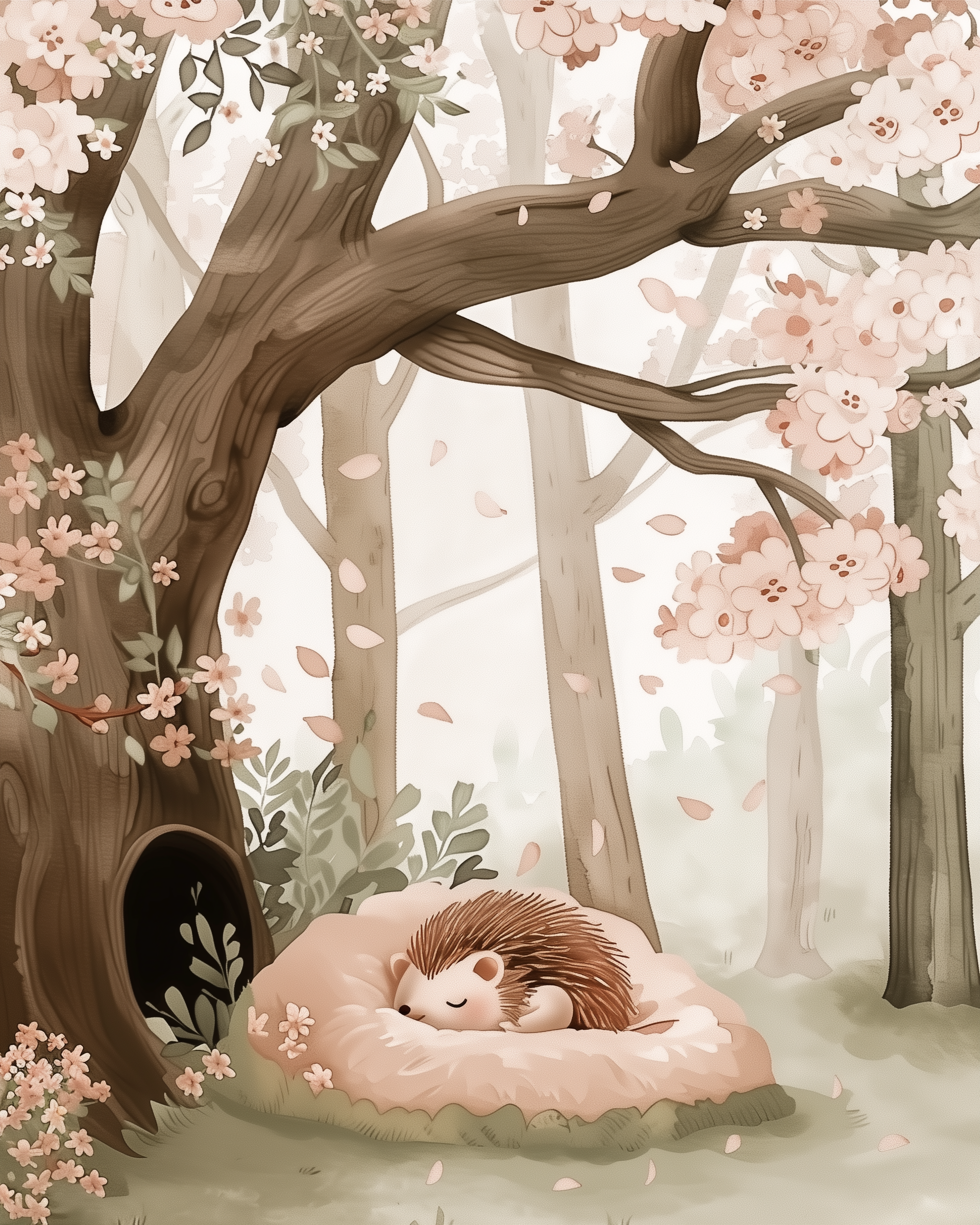 A small hedgehog sleeps peacefully in a cozy nest beneath a blooming tree in a pastel-colored spring forest. Soft pink petals drift gently through the air, adding to the calm and whimsical atmosphere of the woodland scene.