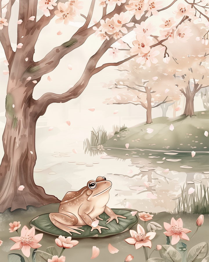 A content frog sits on a lily pad near the edge of a peaceful pond, surrounded by blooming pink flowers and falling cherry blossom petals. The soft pastel scene features gently rippling water, blossoming trees, and a serene springtime landscape.
