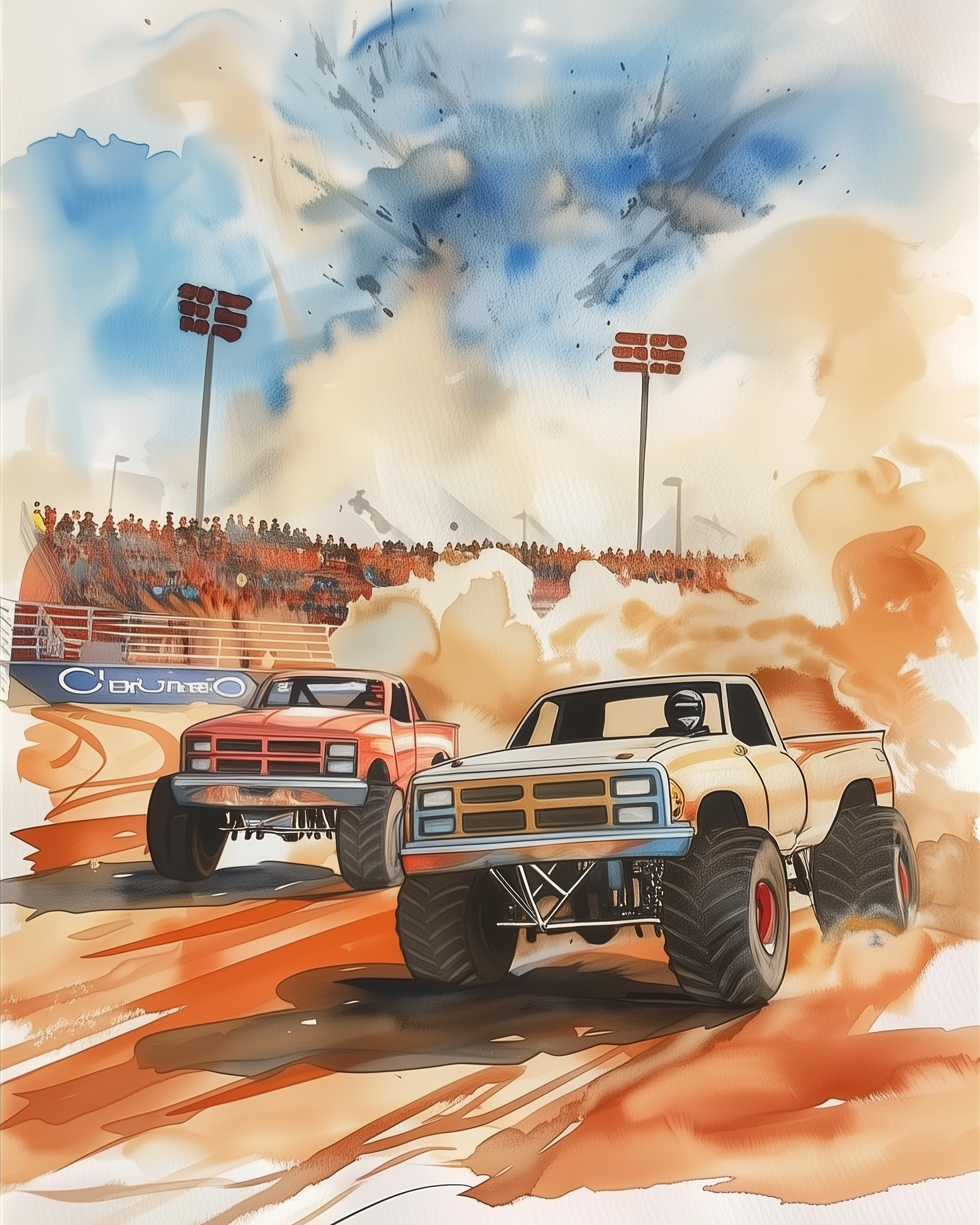 Two monster trucks race side by side around a dirt track in a roaring stadium, kicking up clouds of dust under a dramatic blue and orange sky. The crowd watches from the stands as the powerful trucks drift through the turn, capturing the energy and excitement of the competition.