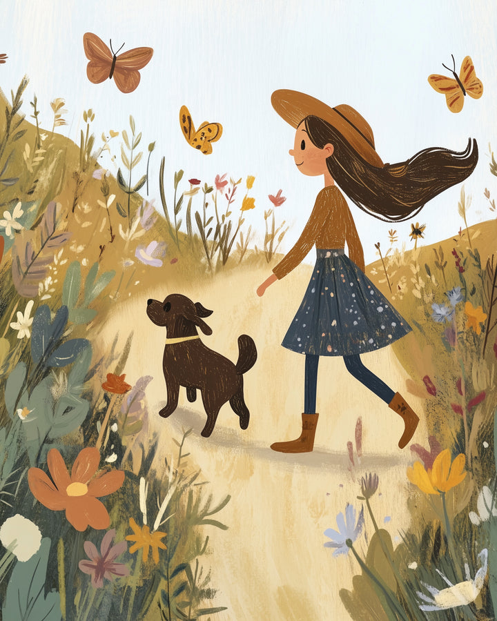  Playful illustration of a girl in a wide-brimmed hat walking along a golden path with her happy dog, surrounded by wildflowers and butterflies fluttering in the breeze.