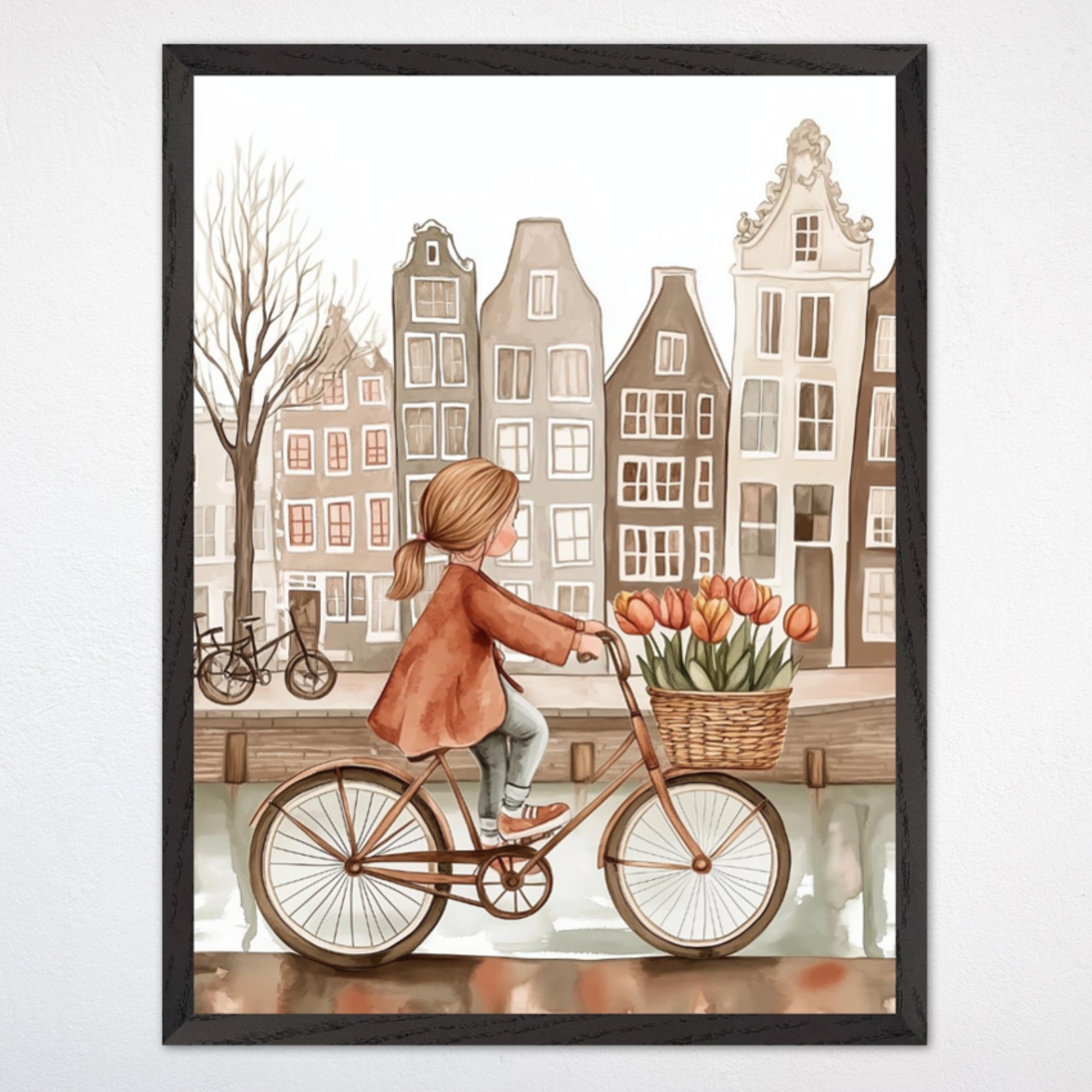 Cozy illustration of a girl riding a bicycle along an Amsterdam canal, with a basket full of orange tulips and classic Dutch townhouses in the background. The muted colors and charming architecture give off a calm, storybook vibe perfect for a travel-themed kids’ room or nursery.