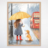 London Travel Adventure Wall Art for Nursery, Playroom or Kids Bedrooms - Girl and Dog in Rainy City with Red Bus - London Drizzle