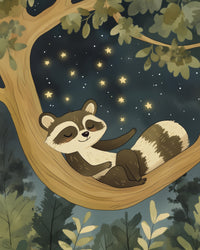  Peaceful illustration of a raccoon curled up asleep in the curve of a tree branch, with twinkling stars glowing gently in the night sky above.
