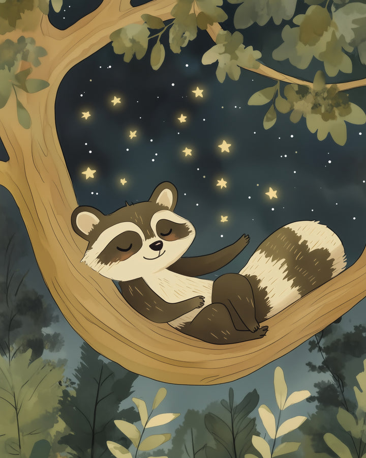 Peaceful illustration of a raccoon curled up asleep in the curve of a tree branch, with twinkling stars glowing gently in the night sky above.
