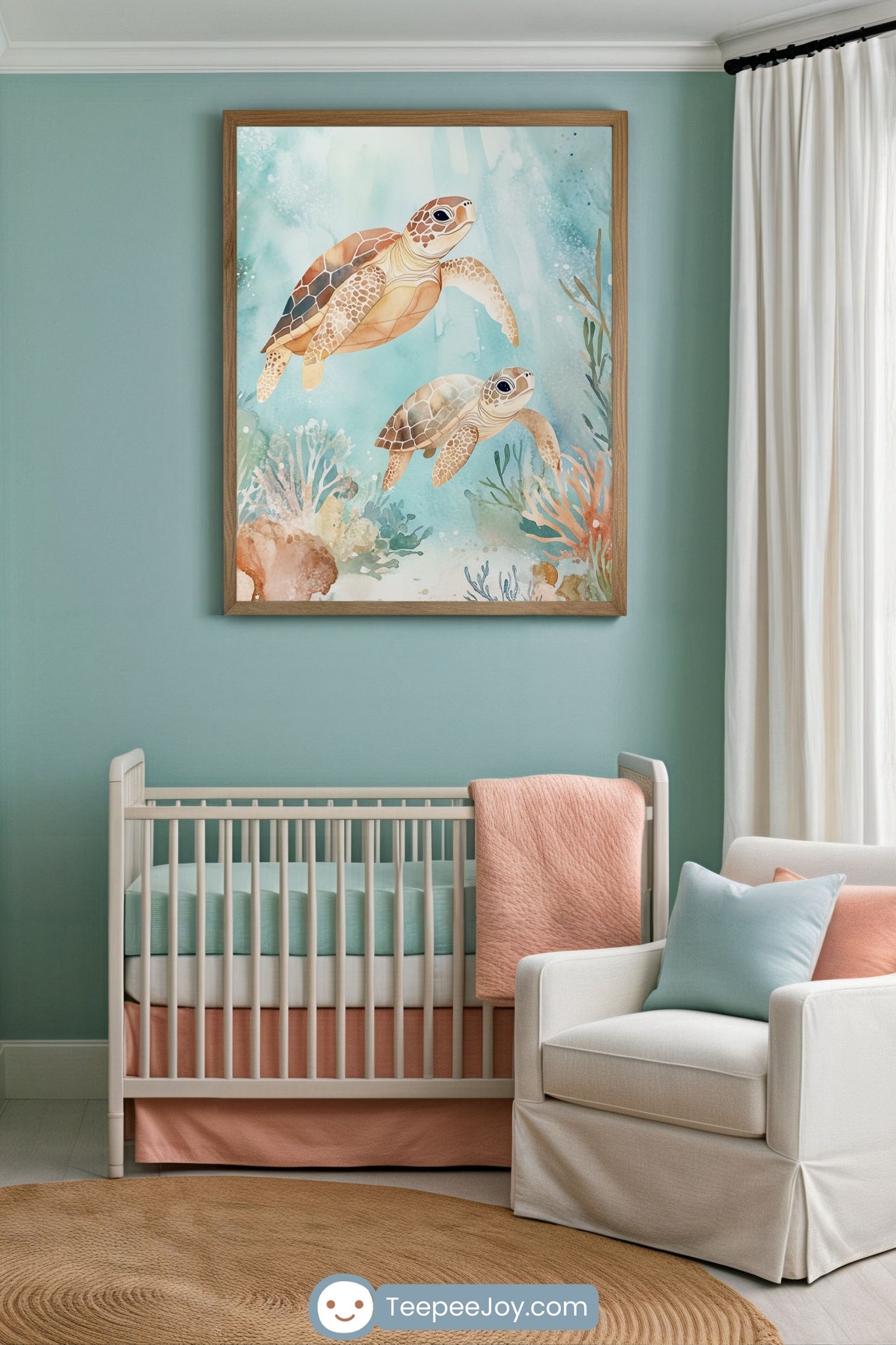 Soothing seafoam nursery featuring framed artwork of two sea turtles swimming gracefully through an underwater coral reef. The room includes a white crib with aqua and peach bedding, a matching white armchair with pastel cushions, and a round woven rug on the floor.