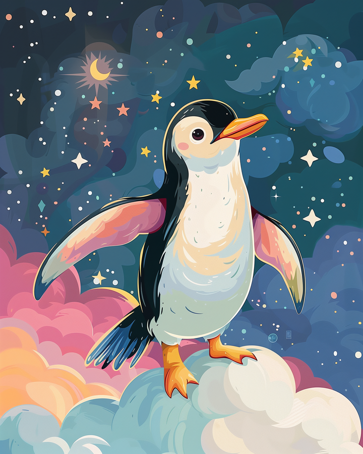 Cheerful cartoon penguin stands proudly on a fluffy cloud with wings outstretched, surrounded by pastel-colored clouds and a star-filled night sky. The dreamy background features glowing stars, crescent moons, and soft cosmic swirls, adding a magical, whimsical vibe.