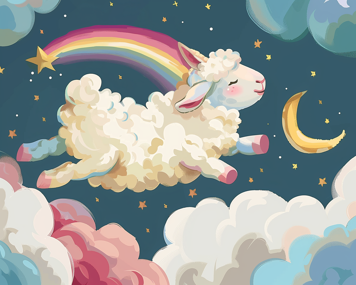 Fluffy white sheep with pink hooves and a peaceful expression leaps through a starry night sky, trailed by a glowing rainbow ending in a golden star. Surrounded by pastel clouds and a crescent moon, the scene has a dreamy, whimsical feel.