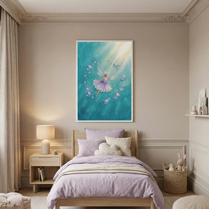 A tranquil bedroom for a child is decorated in soft, neutral tones with elegant wall paneling and crown molding. A large framed artwork is the focal point above the bed, featuring a winged fantasy figure in a purple dress floating through a teal-colored aquatic scene filled with translucent bubbles and a warm beam of light. A light-toned wooden bed is made with lavender bedding and includes a white cloud-shaped pillow. 