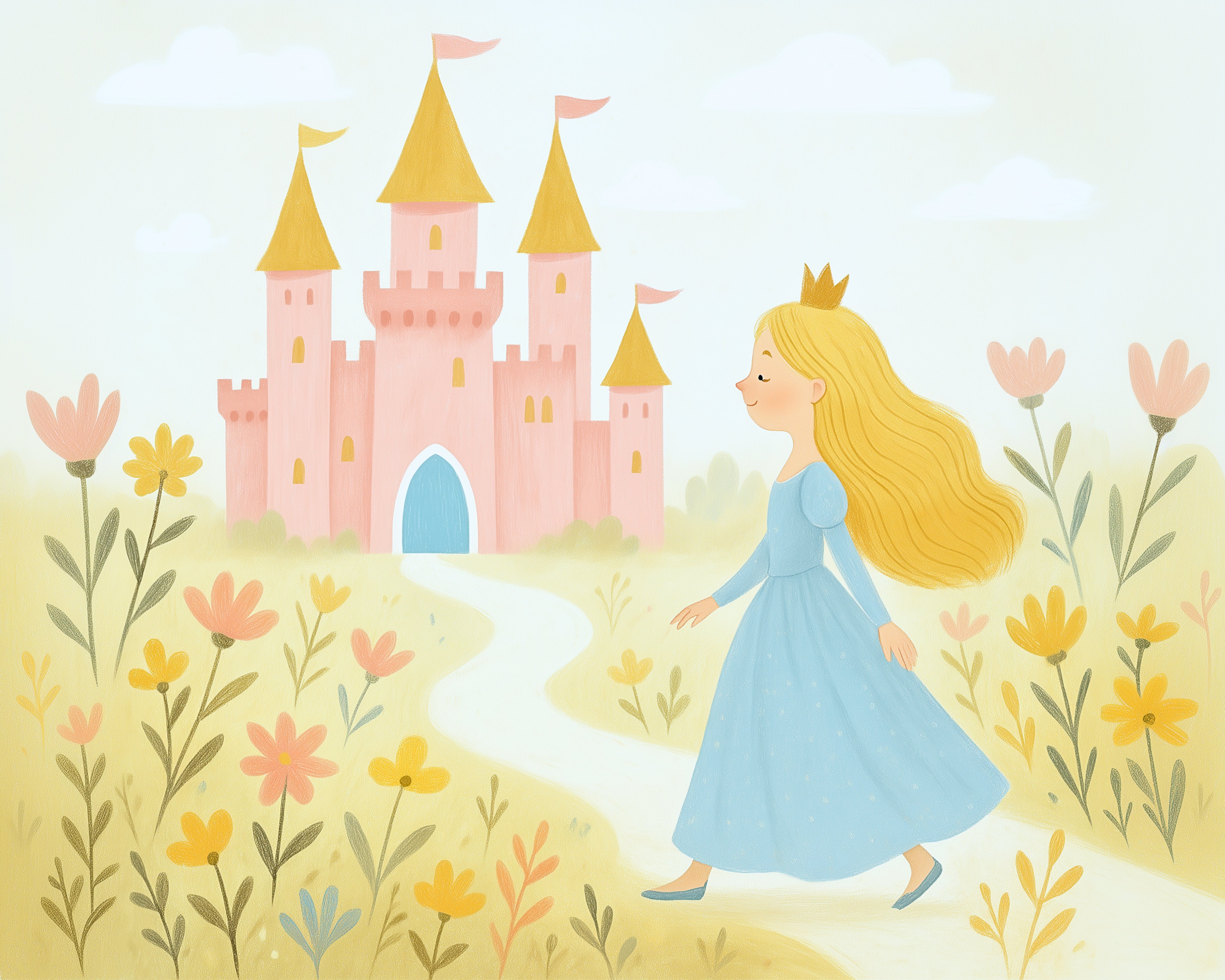 Whimsical illustration of a blonde princess in a light blue gown walking along a winding path through a flower-filled field toward a pink castle with golden spires under a pale sky.
