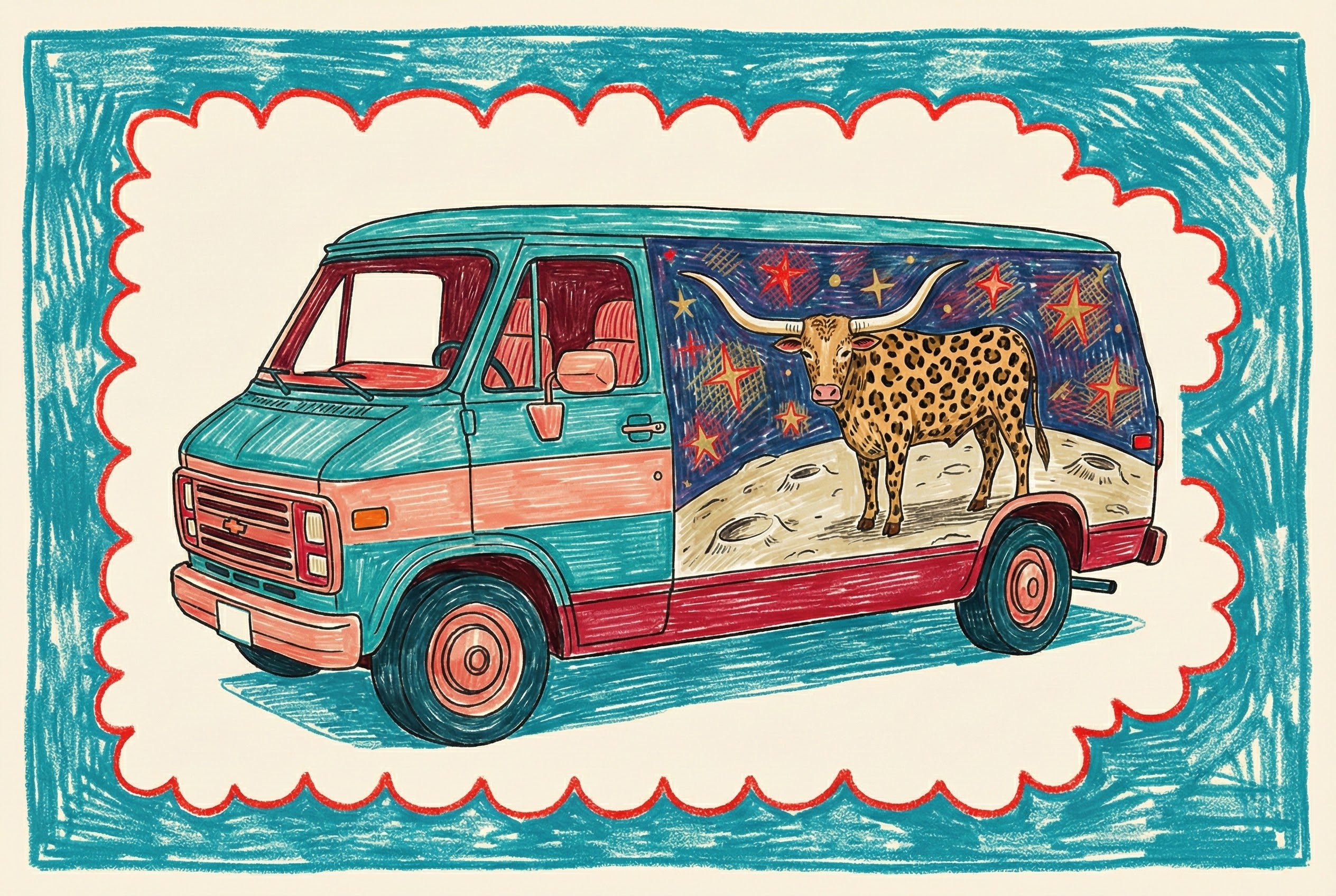 Illustration of a teal and red vintage van with a mural on its side depicting a longhorn with a cheetah-like coat standing on a moon-like surface, surrounded by colorful stars in a space-themed backdrop. The whimsical artwork is framed by a bold, hand-drawn border in red and teal.