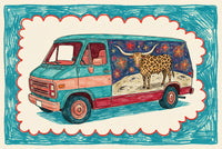 Illustration of a teal and red vintage van with a mural on its side depicting a longhorn with a cheetah-like coat standing on a moon-like surface, surrounded by colorful stars in a space-themed backdrop. The whimsical artwork is framed by a bold, hand-drawn border in red and teal.
