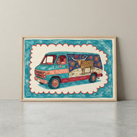 Colorful framed illustration of a teal and red van with a cosmic mural on its side panel, featuring a longhorn with a cheetah-like coat standing on a moon-like surface against a starry space background.