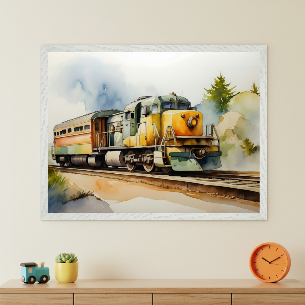 Kid-friendly room with a light wood dresser. A large white-framed watercolor painting of a yellow and green train on tracks in a misty landscape hangs centered above the dresser. A toy train, succulent, and orange clock sit on the dresser.