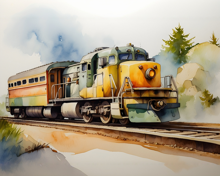 A vintage train with a yellow and green locomotive and an orange and brown passenger car travels on a railway track through a scenic landscape, with trees and rocks in the background under a cloudy sky.