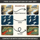 Examples of custom art edits showing object removal in a landscape painting, color adjustments in a flock of white cranes, and a gender change in an illustration of a child resting beside a green dragon. Text emphasizes free customization options and invites customers to contact with details.