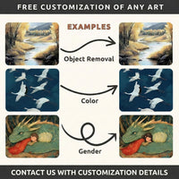 Examples of custom art edits showing object removal in a landscape painting, color adjustments in a flock of white cranes, and a gender change in an illustration of a child resting beside a green dragon. Text emphasizes free customization options and invites customers to contact with details.