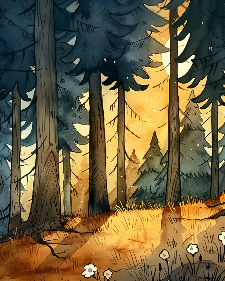 A warm, golden light filters through tall pine trees in a dense forest, casting long shadows on the forest floor covered in grass and small white flowers. The glowing sky suggests either sunrise or sunset, creating a peaceful, magical woodland atmosphere.