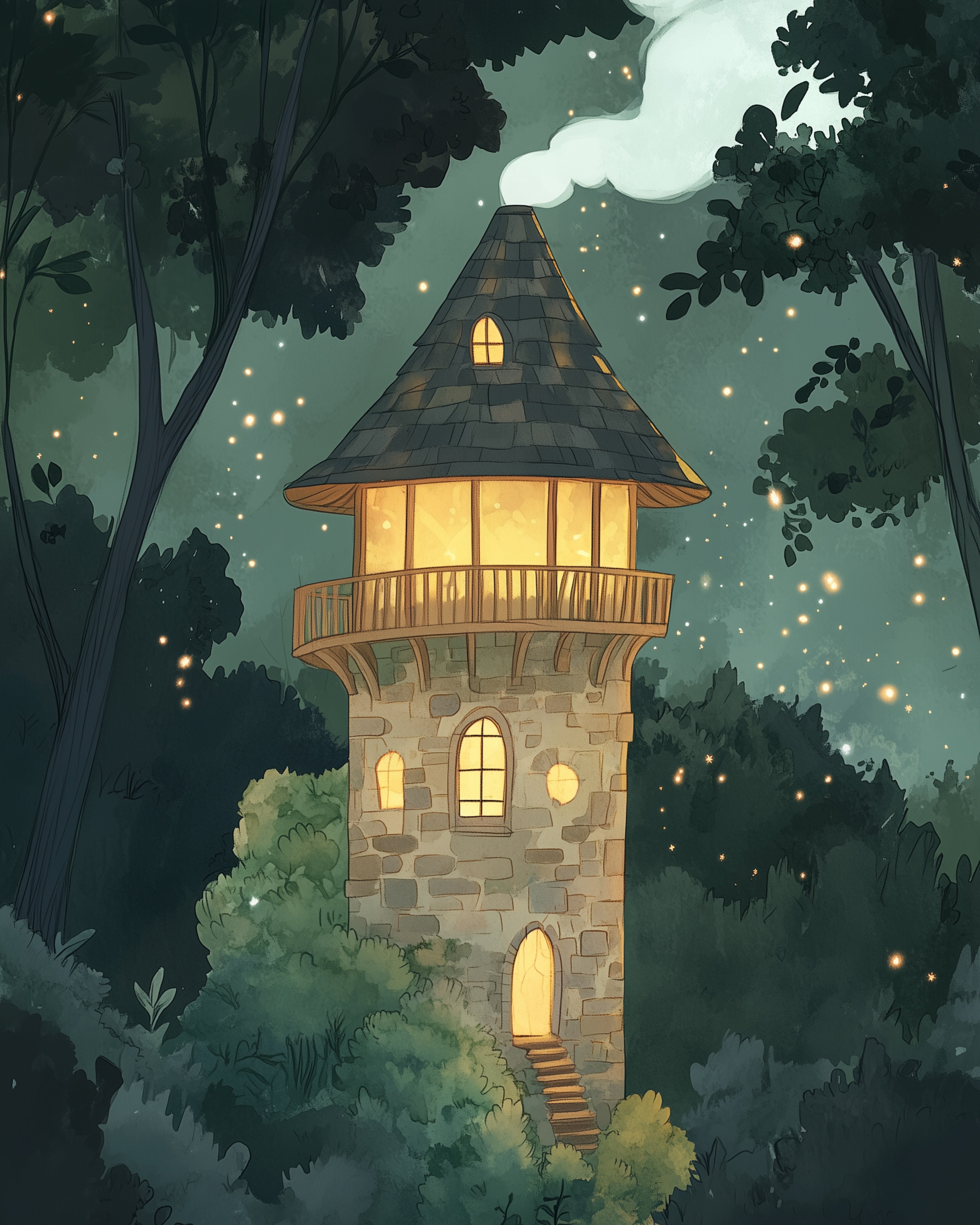 Warm, glowing tower nestled in a dark green forest, with fireflies sparkling in the air and golden light shining through the windows at night.

