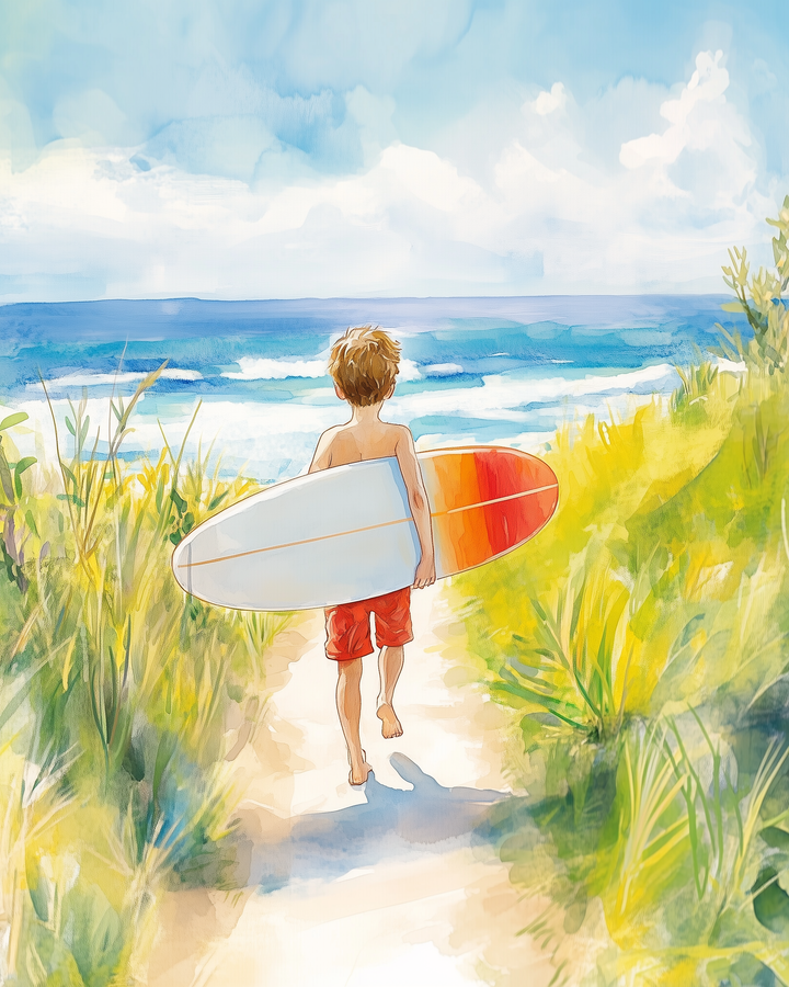A young boy in red swim trunks walks barefoot down a sandy path lined with tall beach grass, carrying a red and white surfboard under his arm. Ahead, the blue ocean sparkles under a sunny sky, promising a perfect day of surfing and adventure.