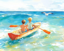 Two young boys paddle a small wooden rowboat across a sunlit, turquoise sea, heading toward a seagull gliding just above the waves. The scene captures a carefree summer adventure under a bright, blue sky.