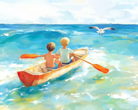 Two young boys paddle a small wooden rowboat across a sunlit, turquoise sea, heading toward a seagull gliding just above the waves. The scene captures a carefree summer adventure under a bright, blue sky.