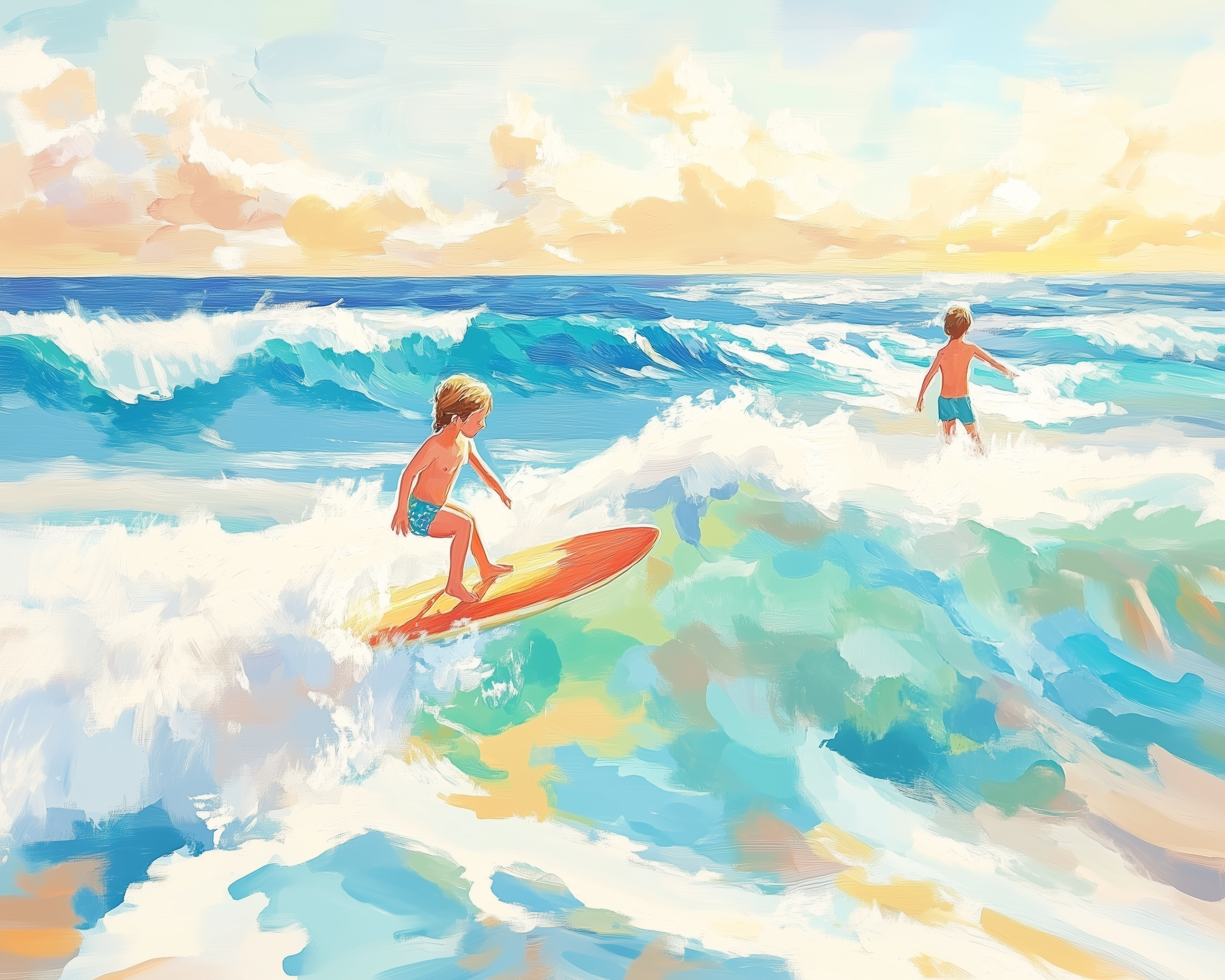 Two young boys play in the ocean at sunset, one riding a wave on a red and yellow surfboard while the other splashes nearby. The sea glows with vibrant shades of turquoise and gold, capturing the energy and warmth of a carefree summer evening.