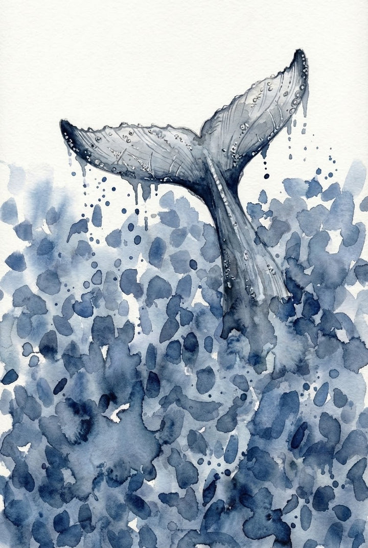 Close-up of a watercolor painting showing a whale’s tail splashing into the sea, with deep blue brushstrokes mimicking coastal waters. The art is framed in light wood and styled simply atop a natural-toned dresser.