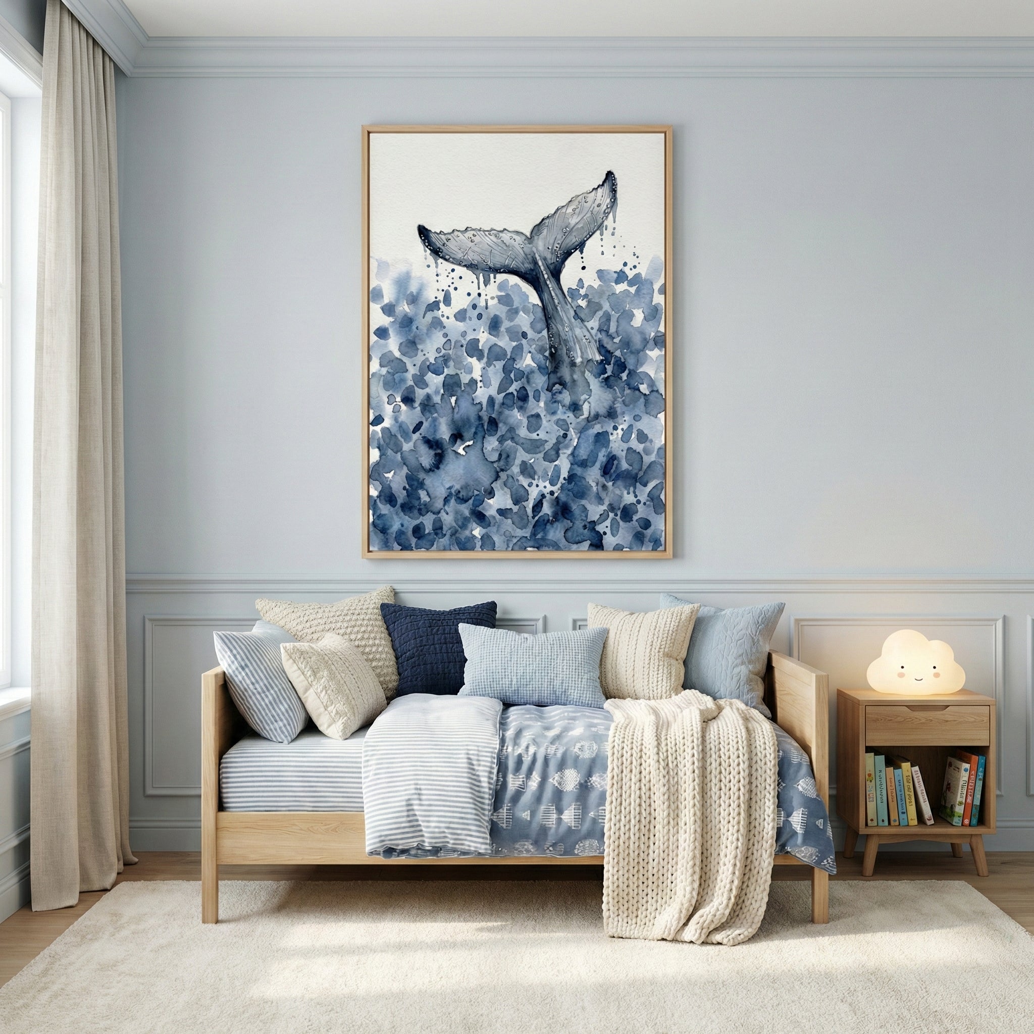 Framed watercolor artwork of a whale's tail diving into abstract blue ocean waves, displayed above a coastal-inspired bed with soft, nautical-themed bedding. The serene tones and sea life imagery create a peaceful, ocean-themed room.